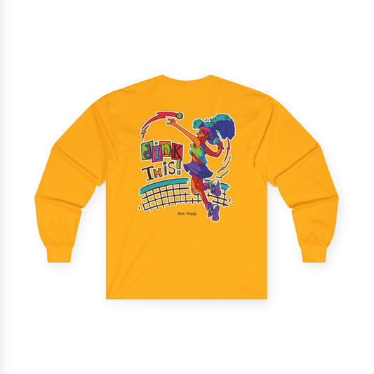 No-Holds Neon Women's Dink This! Long Sleeve Pickleball Tee with Pickleball Strike Marks