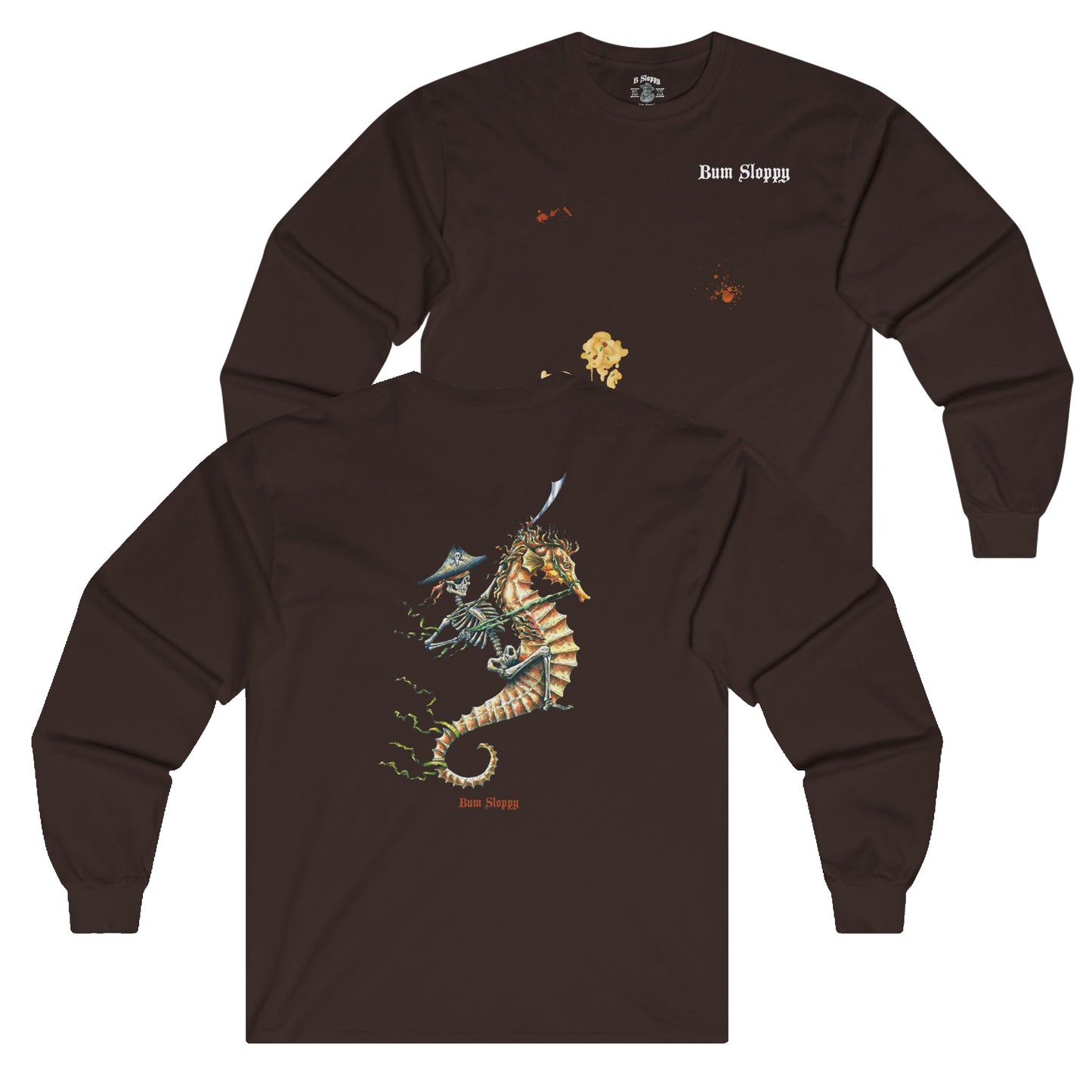Pirate Seahorse Long Sleeve with Hot Sauce and Mac & Cheese Stains